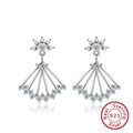 Elegant 925 sterling silver fan-shaped earrings with white zircon lotus pendant - Fan Shape Dangle / Silver Fan (SE291)
