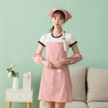 Three-piece linen apron set with red and white stripes including matching arm sleeves - Apron + Headscarf / Red