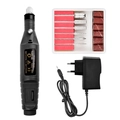Portable black electric nail drill set with speed control and six metal drill bits - EU Plug / Black