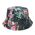 Double-sided bucket hat with pink flamingo and tropical palm leaf print on black fabric - Style I Blue (Dark Grey Flamingo)