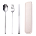 Portable 304 stainless steel cutlery set with spoon, fork, and beige wheat straw case - Silver Color Spoon Chopsticks Fork 3-piece Set