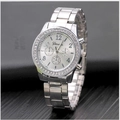Silver Geneva alloy watch with crystal-encrusted bezel and classic three-row steel strap - Silver
