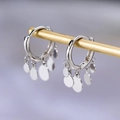 Macro-opname van zilveren tassel ringoorbellen met metalen lovertjes op standaard - Zilver