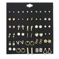 Detailed set of 30 pairs golden alloy stud earrings with crystals and faux pearls - Gold Geometric Floral Style (E0229-1)