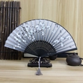 Chinese silk folding fan with plum blossoms, butterfly print and grey tassel ornament - No.15 Falling Cherry Blossoms