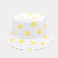 Dettaglio cappello alla pescatora bianco con stampa di margherite in cotone fresco - M (56-58cm) / Bianco