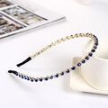 Elegant gold headband with deep blue beads and tiny white rhinestones for girls - Single Row / Sapphire Blue