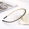 Elegant black beaded headband with woven gold and silver wires for hair styling - Single Row / Black