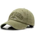 Khaki gewaschene Denim Baseballkappe mit weißer 3D New York Stickerei im Vintage-Look - Khaki