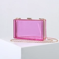 Chic pink acrylic transparent evening clutch bag with elegant gold metal frame and chain - Amethyst