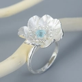 Artistic S925 silver flower ring with blue gemstone and detailed floral petals - Full Silver Craft (LFJD0128) / All Silver Blue