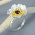 S925 sterling silver floral open ring with purple gemstone on white wood branch - Silver Flower Gold Core Purple
