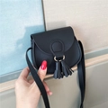 Mini Korean style black crossbody bag for girls with cute tassels and leather texture - Black