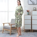 Women's silk bathrobe with green and grey geometric print featuring a tie waist and pockets - Gold Vertical Stripe (Women)