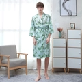 Men's ice silk bathrobe featuring a light green base with dark abstract floral patterns - Green Leopard (Men)