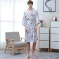 Men's light blue ice silk bathrobe with floral print and satin finish in midi length - Ink Flower (Men)
