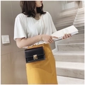 Minimalist black PU leather square cross-body bag with gold chain strap and metal lock - Black