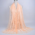 Detail of floral lace hollow pattern and fringe tassels on pink long scarf - 180cmx60cm / Ivory