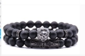 Herren Armband-Set aus matten schwarzen Perlen mit silbernem Löwenkopf und Kreuz-Element - Löwenkopf 2er-Set Armbänder / Mattschwarz (Löwenkopf)