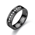 Detail showing I Love You engraving and embedded diamonds on black wedding band - US 6 / Black with Diamonds