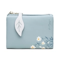 Blue soft PU leather compact women's bifold wallet with white daisy floral print - Light Blue