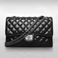 Classic black quilted leather crossbody bag with silver chain and metal turn-lock - Tungsten Steel Chain Style / Black / L