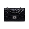Borsa a tracolla trapuntata nera classica con catena argento e chiusura a girello - Piccolo / Gunmetal Leather Chain Style / Nero