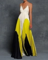 Detail of V-neck camisole dress featuring pleated color-block yellow and black skirt hem - L / Yellow