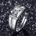 Men's silver-tone ring with brilliant round center stone and channel-set side diamonds - Adjustable / Style 2 Classic Men's Ring (1 Carat)