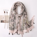 Pale pink cotton linen scarf with vintage floral patterns and tassels in a flat lay - SL2003-008 (Pale Pink Retro Botanical Tassel)