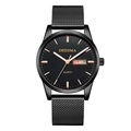Men's quartz watch with black mesh strap, rose gold markers and dual calendar display - Black Strap Rose Gold Markers Black Dial