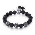 Men's black lava stone beaded bracelet with engraved silver mantra metal charms - Black Lava Stone (KB119658-Z)