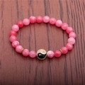 Pink agate stone beaded bracelet with gold Yin Yang charm for men and women - Peach Blossom Pink