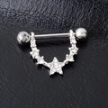 U-shaped stainless steel nipple ring featuring crystal star design on black leather - Silver