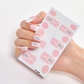 Pink French tips and silver glitter geometric nail stickers in AF-035 style on a model - AF-035 (Pink/White/Geometric Decor)