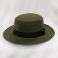 Flat top wool felt boater hat in dark olive green with wide black grosgrain ribbon band - Army Green With Ribbon