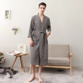 Men's gray waffle knit bathrobe with absorbent fabric and adjustable waist belt - Grey [Men]