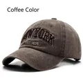 Distressed coffee brown washed cotton baseball cap with New York 3D embroidery detail - Coffee