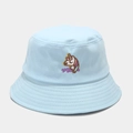Close-up of colorful unicorn and WAO embroidery on light blue canvas bucket hat - M (56-58cm) / Light Blue
