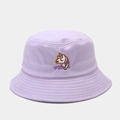 Close-up of colorful unicorn embroidery on light purple cotton canvas bucket hat - M (56-58cm) / Light Purple