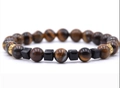 Men's tiger eye and black cube beaded bracelet with golden patterned spacers - Classic Pattern Decor Bracelet / Brown (Tiger Eye 2)