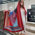Ethnic bohemian geometric scarf worn as a large cotton linen shawl in vibrant colors - 180cm / Multicolor Geometric Boho Style (L213)