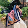 Ethnic style cotton linen scarf with geometric patterns and fringe tassels outdoors - 180cm / Ethnic Geometric Tassel Style (L213-2)
