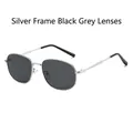 Silver metal oval sunglasses with dark grey lenses and black ear tips on white background - Silver Frame Black Grey Lens