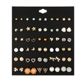 Close-up of 30 pairs alloy stud earrings set with rhinestones and pearls on black card - Simple Multi-color Combination Style (E0119-1)