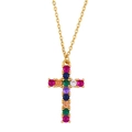 Collier croix dorée pour femme orné de pierres de zircon rondes multicolores - Croix