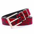 Cinturón de mujer con estampado de leopardo rojo en piel y hebilla dorada cuadrada - 105cm / Rojo