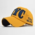 Distressed bright yellow cotton baseball cap with blue NYC felt patch and side embroidery - Adjustable / NYC Ginger