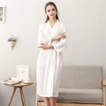 White waffle weave bathrobe for women with V-neck collar and a belted waist design - White (Women)