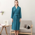 Dark cyan waffle texture bathrobe for women and men featuring a V-neck and waist tie - Spruce Green (Women)